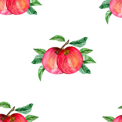 Watercolor hand-drawn seamless pattern with ripe apples.