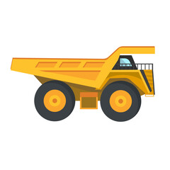 Career truck in flat style on a white background. Professional equipment for diamond mining in quarries. Vector illustration. Super powerful car, supersize, career dump truck.