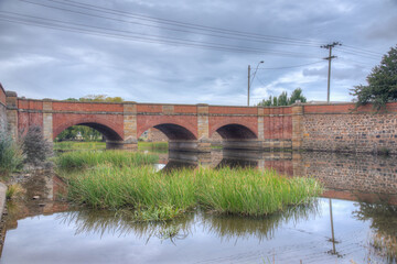 Aerial view of the red bridge in Campbell town in Tasmania, Australia