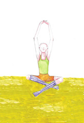 drawing of a man who practices yoga on a green carpet