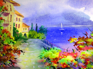 Obrazy  Akwarela kolorowy jasny teksturowanej streszczenie tło ręcznie. Śródziemnomorski krajobraz. Malowanie architektury i roślinności wybrzeża morskiego wykonane w technice akwareli z natury