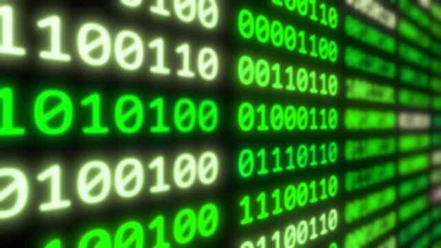 Digital communication concept using 8bit binary computer code numbers. 3D green flowing data glow 4K pattern horizontal camera animation.