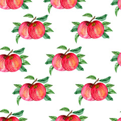 Watercolor hand-drawn seamless pattern with ripe apples.