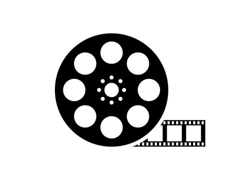 Film reel movie icon. Vector isolated icon. Black movie reel icon in vintage style on white background.