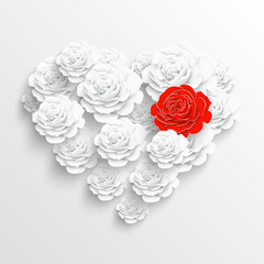  Beautiful paper flower in form of heart on a white background.
