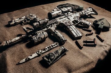 AR-15 camouflaged rifle laying on table with tactical gear.