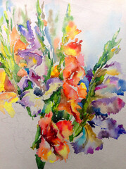 Abstract bright colored decorative background . Floral pattern handmade . Beautiful tender romantic bouquet off gladiolus flowers , made in the technique of watercolors from nature.