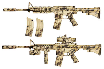 Isolated AR-15 desert camouflaged automatic rifle on white background with scope and clips.