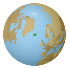 Globe centered to Iceland. Country highlighted with green color on world map. Satellite projection view. Vector illustration.