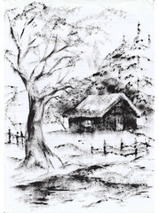 Drawing of architectural structures of the old village executed from life .  Landscape sketch handmade
