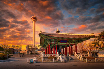 Busan, South Korea, February 22, 2020: View of Busan tower and Yongdusan Park the most popular tourist attractions at sunset in Busan, South Korea.