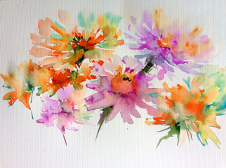 Abstract bright colored decorative background . Floral pattern handmade . Beautiful tender romantic bouquet off duhlia flowers , made in the technique of watercolors from nature.