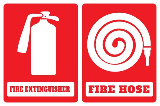 fire hose sign and fire extinguisher symbol. fire hose sign and fire extinguisher symbol drawing by illustration