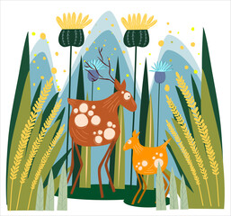 Illustration of a deer and young deer in a spring forest. Cartoon style