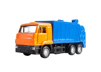 Isolated toy garbage truck angle view.