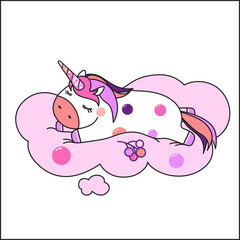 A unicorn is sleeping sweetly on a cloud. The illustration can be used for children's prints (for example, drawing on fabric, dishes or posters). Vector image
