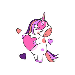 The unicorn girl holds a heart in her hands and smiles shyly. Vector isolated on a white background.