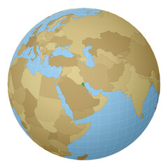 Globe centered to Kuwait. Country highlighted with green color on world map. Satellite projection view. Vector illustration.