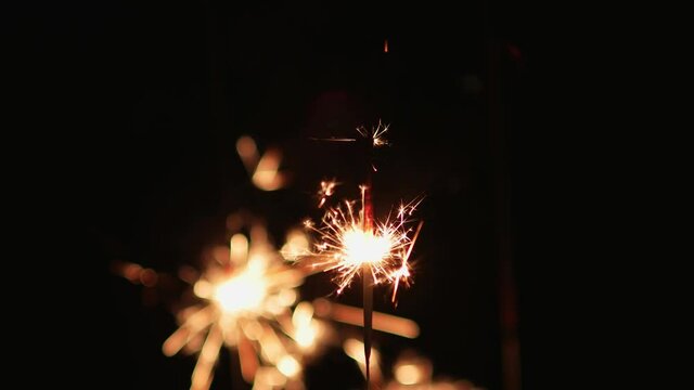 Firework sparkler burning at night in front of black background.