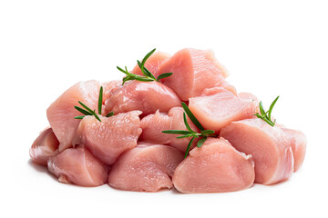 Raw chicken breast fillet chunks with rosemary herb isolated on white