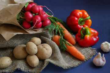 Healthy food, fresh vegetables, radishes, potatoes, garlic, red peppers, carrots, dill greens grown in your vegetable garden, early harvest