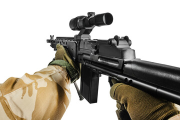 Isolated first person view soldier hands in desert camouflage uniform holding sniper rifle with scope. 