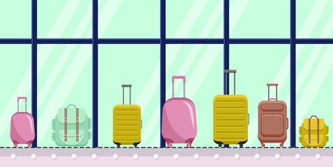 Travel suitcases and backpacks baggage claim flat illustration with clouds on the background. Concept vacation holiday, traveler luggage, baggage.