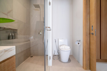 Fototapeta na wymiar Interior design of bathroom in luxury villa feature separate shower with toilet, temper glass, sink, basin