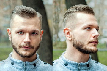 sport young guy with a modern trendy fade profile haircut for barbershop, set