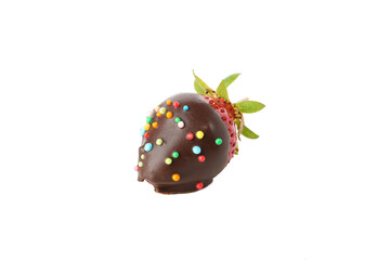 Chocolate fondue. Strawberry in chocolate isolated on white background