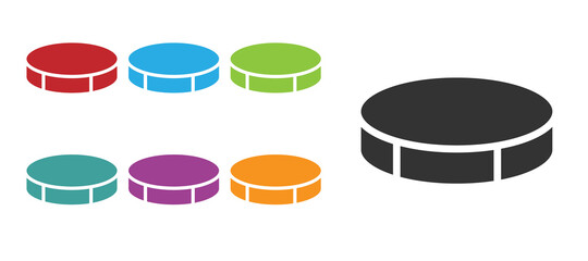 Black Hockey puck icon isolated on white background. Sport equipment. Set icons colorful. Vector Illustration