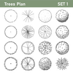 Tree top, tree plan - free hand drawn doodle top view trees for landscape  plan. Can change the stroke line