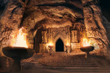 Naklejka premium 3d illustration fantasy temple entrance with skeleton monk statues and torches in desert cave.