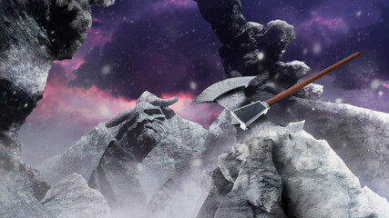 Fototapeta premium Fantasy viking winter mountain valley with axe.