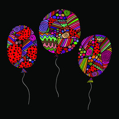 Vector illustration of festive colored balloons with asymmetrical geometric elements on a black background. greeting card. bacgrond.