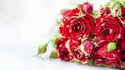 A bouquet of delicate variegated white-red medium-sized roses on a light background. Background of pink roses.