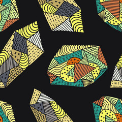 Seamless pattern with asymmetric shapes in the style of zentangl on a dark background