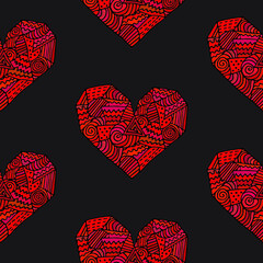 Vector seamless pattern. Abstract hearts with elements zetnagle on a dark background.