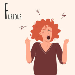 Alphabet Emotions concept. Female character furious and angry. Letter F - Furious. Vector cartoon illustration