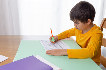 boy writing homework, handwriting correction tool, preschool writing training, children education...