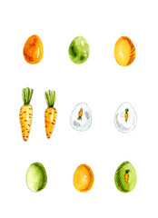 Watercolor illustration of Easter elements like carrots and eggs isolated on a white background.