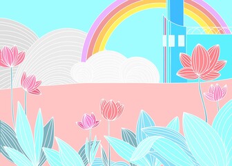 cute landscape of flowers with rainbow white lines illustration