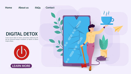 Digital detox banner concept for web and mobile sites a Man smashed his phone with an axe off button flat vector illustration