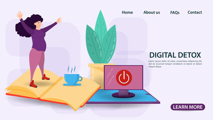 Digital detox banner concept for web and mobile sites a Pregnant woman stands on an open book flat vector illustration