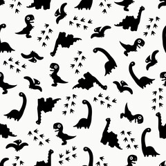 Funny cartoon dinosaur set in black on white background. Seamless vector illustration art pattern.