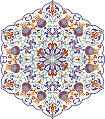Floral hand drawn Mandala. Turkish motif. Round colorful floral ornament in traditional Oriental pattern. Isolated decorative element for card design, t-shirt print, ceramic tile.