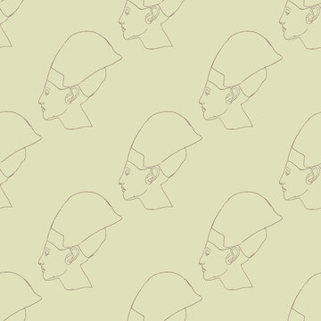 Seamless monochrome pattern with heads of ancient Egyptian pharaoh. Akhenaten or Nefertiti profile portrait. Amarna style.
