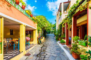 Colorful street view in Plaka District of Athens. - obrazy, fototapety, plakaty