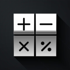 Obraz premium Silver Calculator icon isolated on black background. Accounting symbol. Business calculations mathematics education and finance. Long shadow style. Vector Illustration
