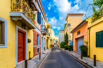 Colorful street view in Plaka District of Athens.